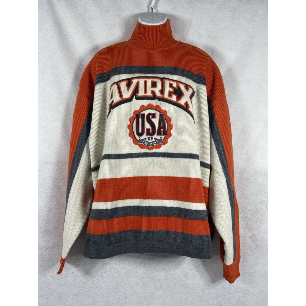 Vintage Avirex Sweater Mens XXL White Red Gray Spellout Mock Neck Y2K Striped